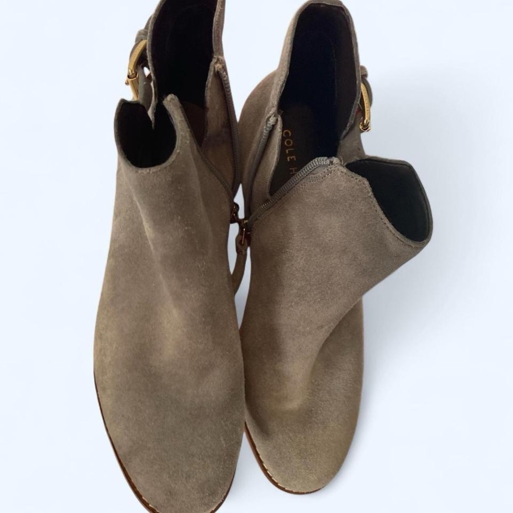 Cole Haan Tan Suede Ankle Booties with Side Zipper and gold buckle 6